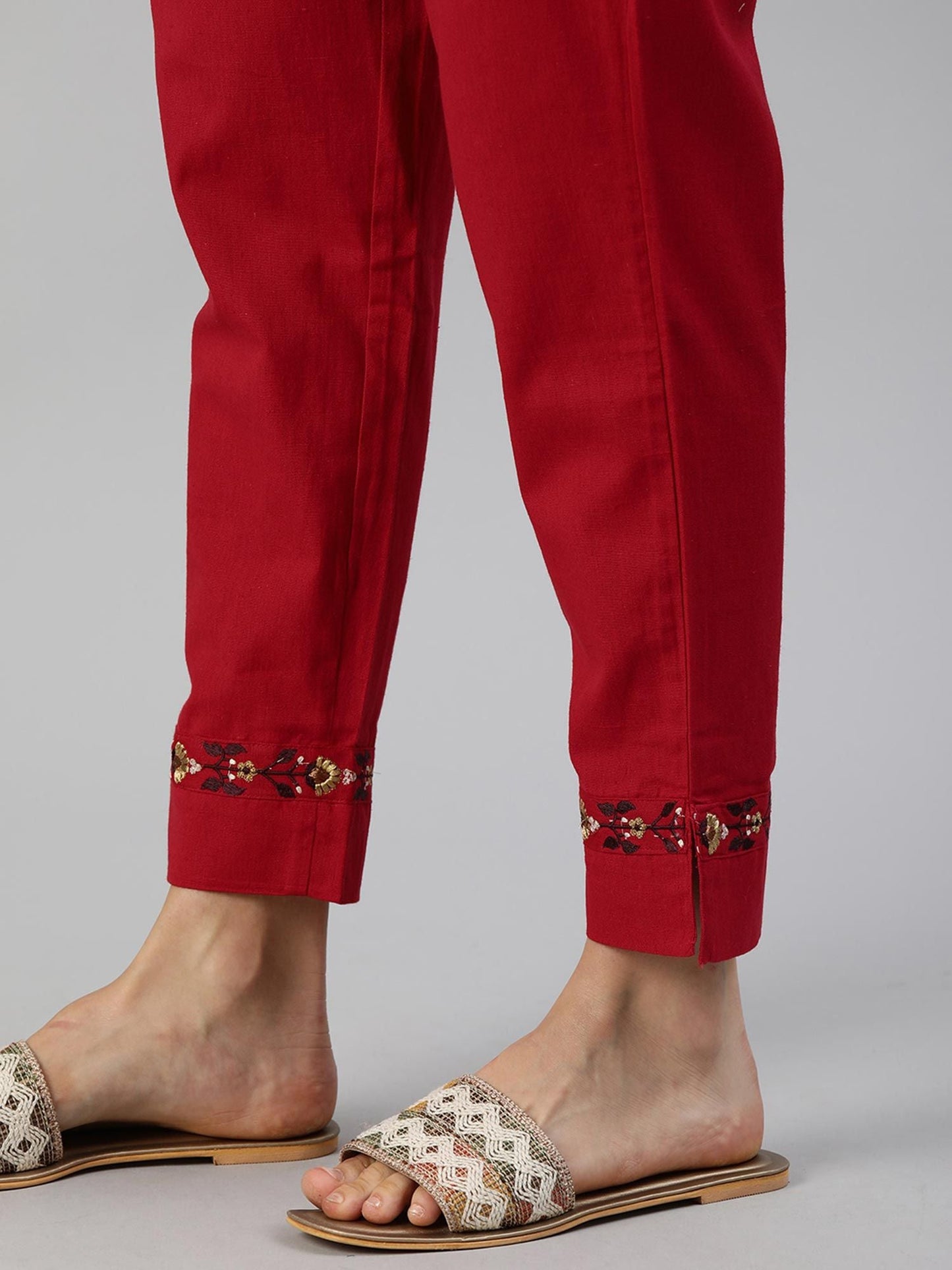 ISHIN Red Yoke Design A-Line Embroidered Kurta With Trouser (Set of 2)