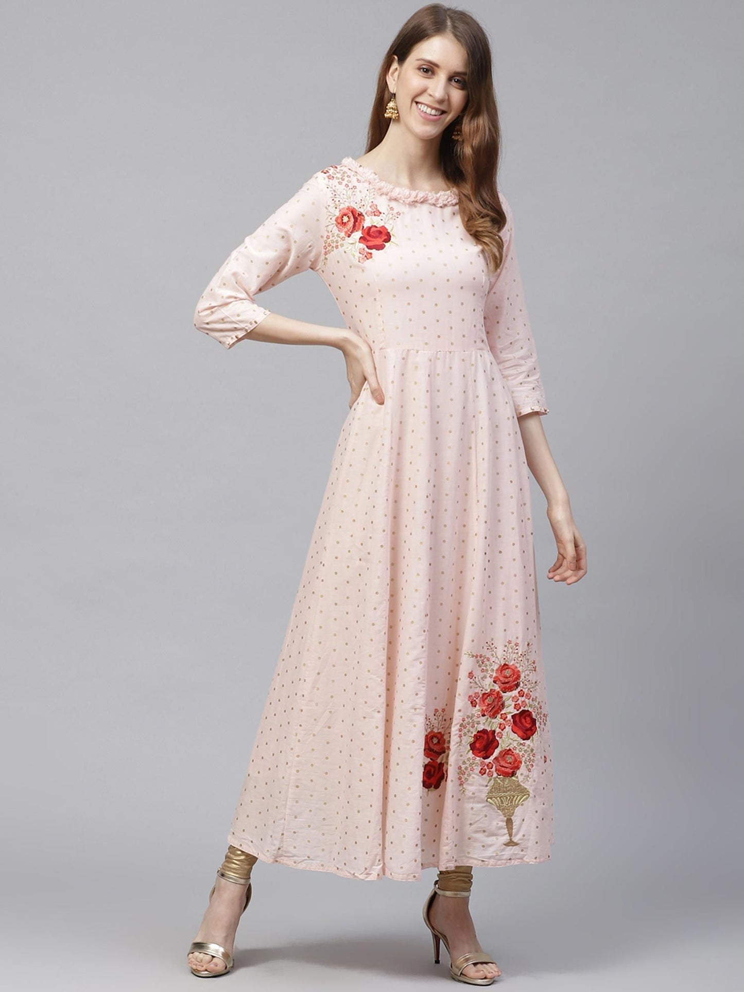 ISHIN Cotton Peach & Gold Embroidered Anarkali Kurta