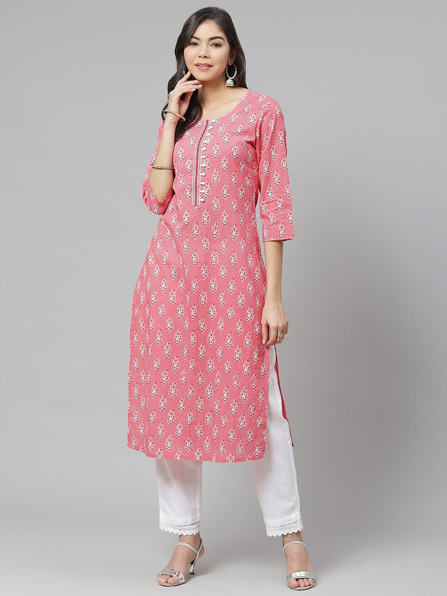 PIROH Womens Printed & Embroidered Straight Kurta Pink