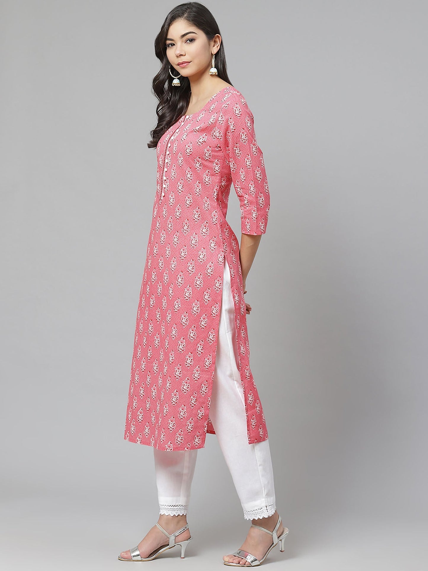PIROH Womens Printed & Embroidered Straight Kurta Pink
