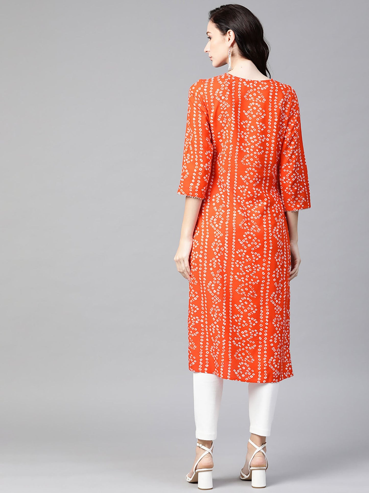 PIROH Womens Rayon Bandhani Print Straight Kurta Orange