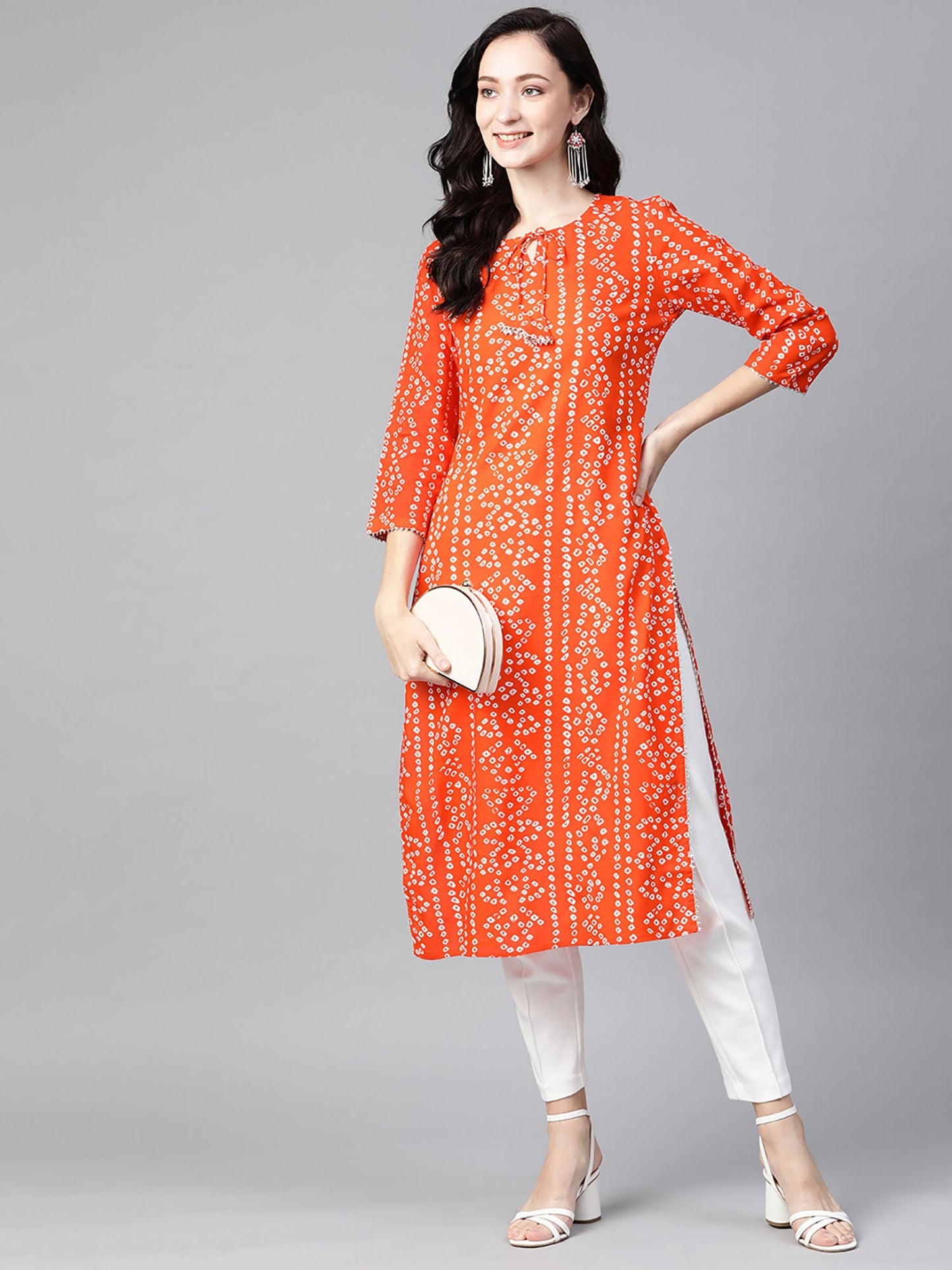 PIROH Womens Rayon Bandhani Print Straight Kurta Orange