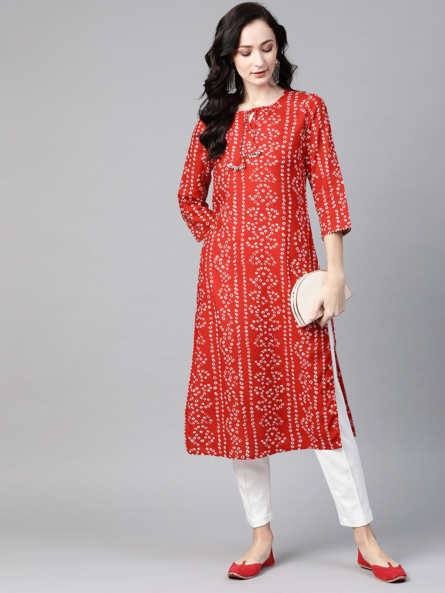 PIROH Womens Rayon Bandhani Print Straight Kurta Red