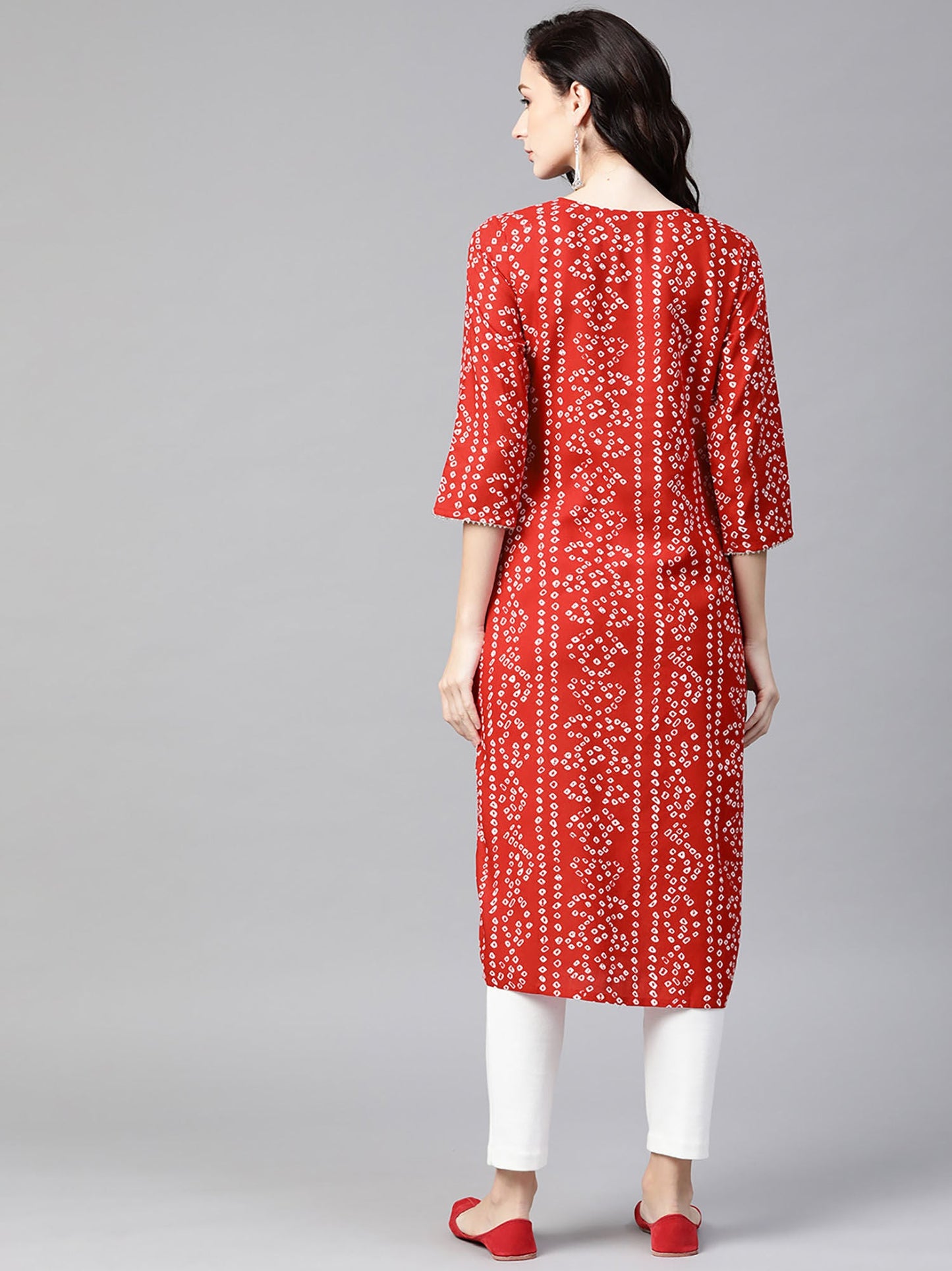 PIROH Womens Rayon Bandhani Print Straight Kurta Red