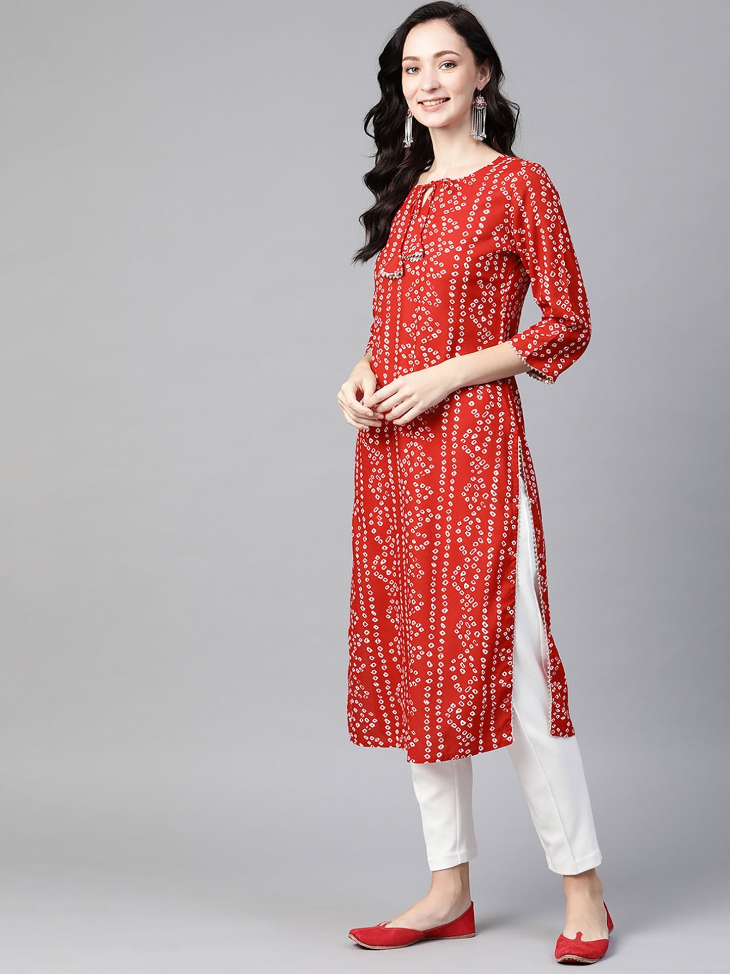 PIROH Womens Rayon Bandhani Print Straight Kurta Red