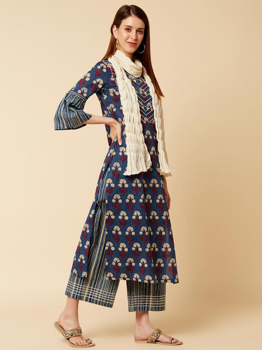 KSUT Indigo & Maroon Floral Printed Kurta, Stripe Print With Dupatta & Palazzo (Set of 3)