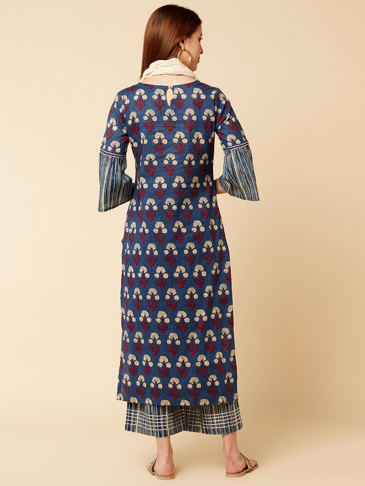 KSUT Indigo & Maroon Floral Printed Kurta, Stripe Print With Dupatta & Palazzo (Set of 3)