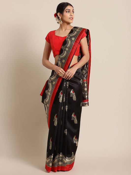KSUT Black Printed Saree with Unstitched Blouse Piece