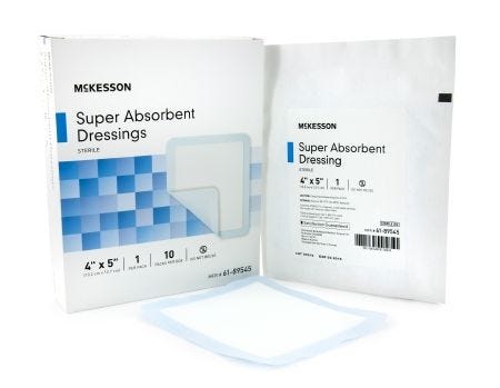 Mckesson Super Absorbent Polymer Dressing: 10 Count, White/Blue, 4" x 5", 1-Ply